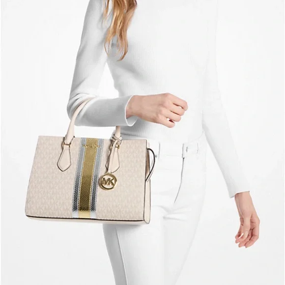 NWT Michael Kors Sheila Medium Signature Logo & Metallic Satchel - Picture 3 of 4